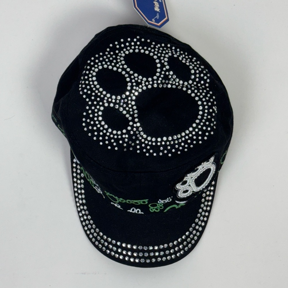 Crystal Studded Paw Military Style Cap - By Premium High Quality Headwear Black